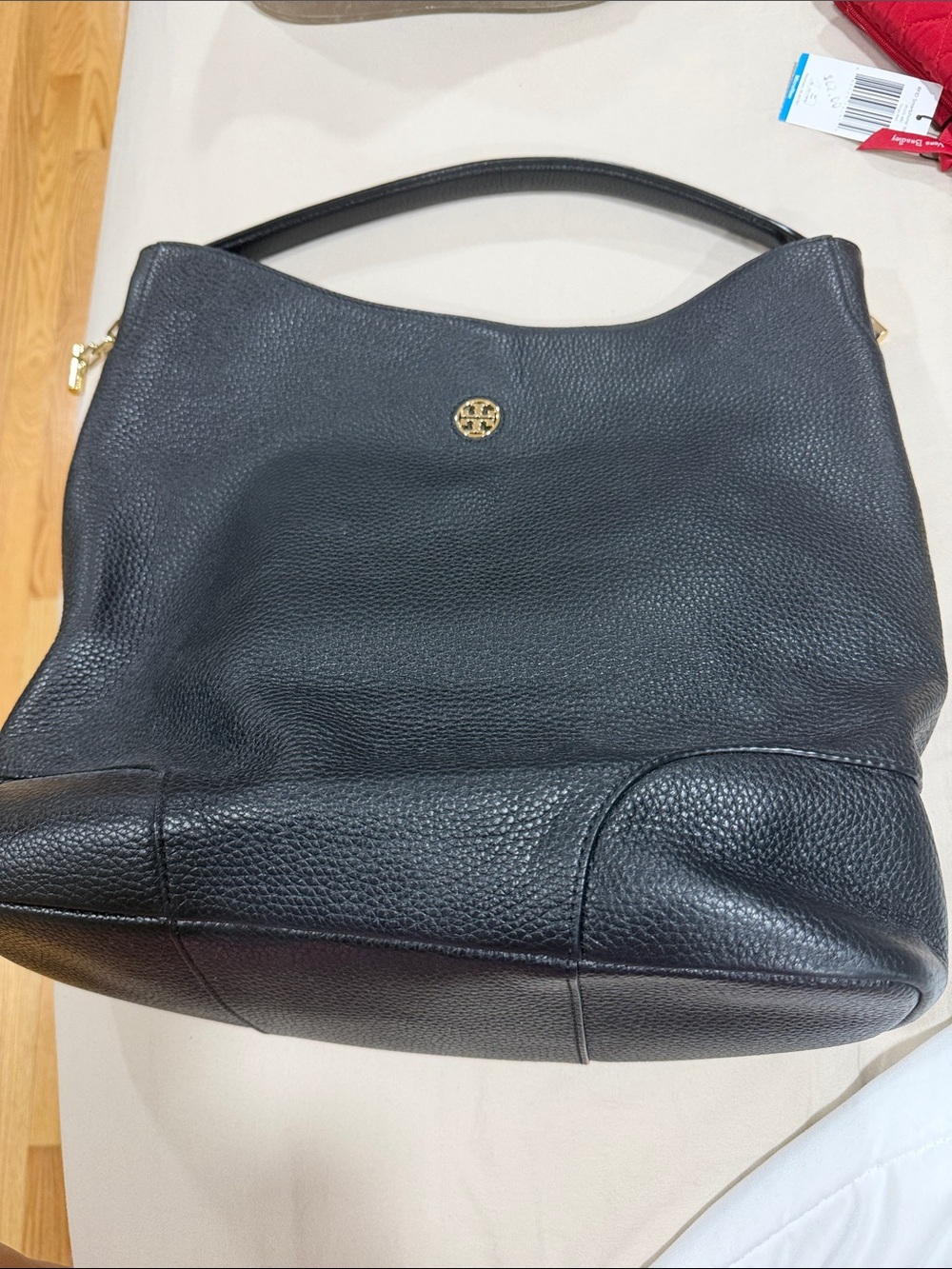 Tory Burch Black Pebbled Leather Shoulder Hobo with Gold Logo